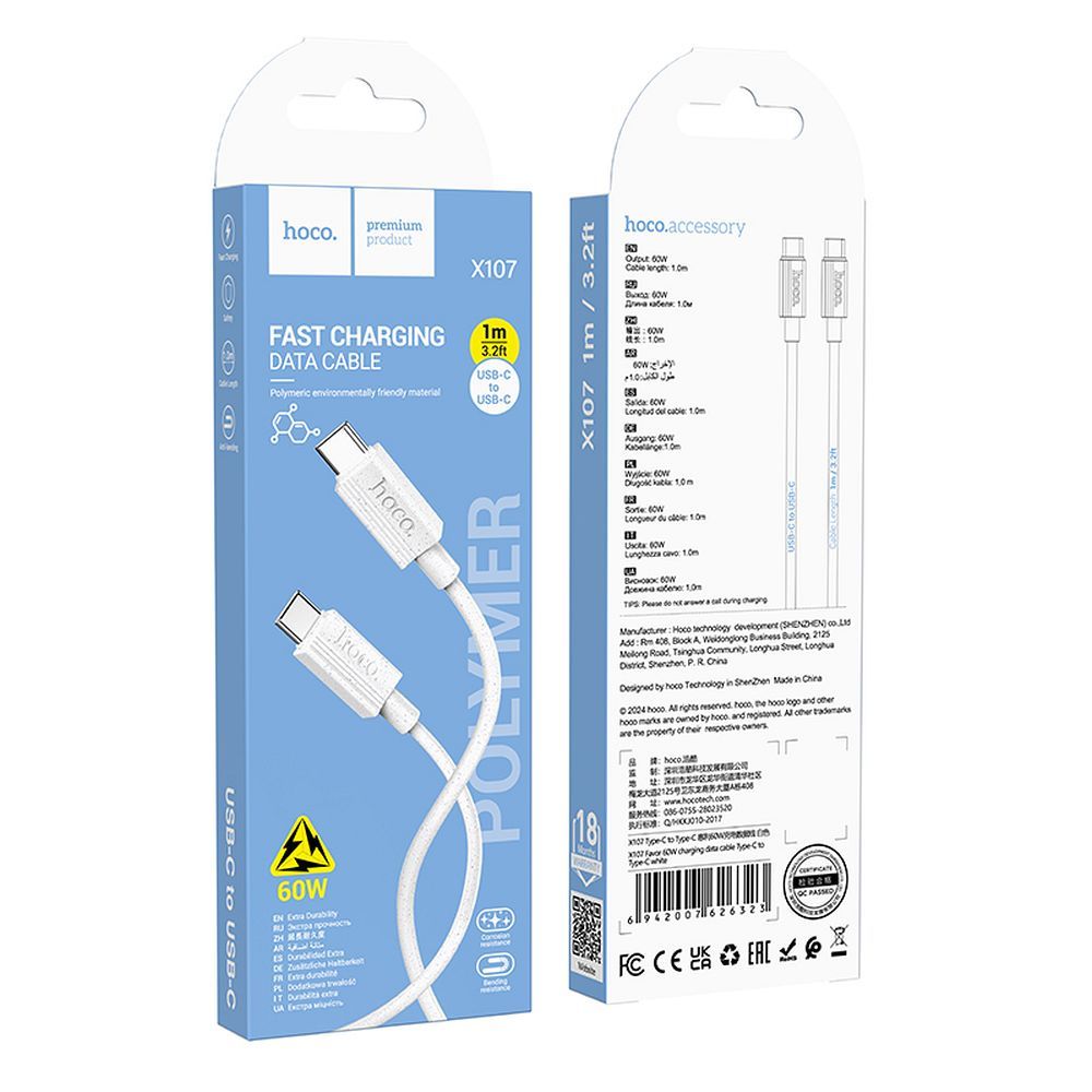 USB-C Data- en Oplaadkabel - USB-C HOCO X107, 60W, 1m, Wit