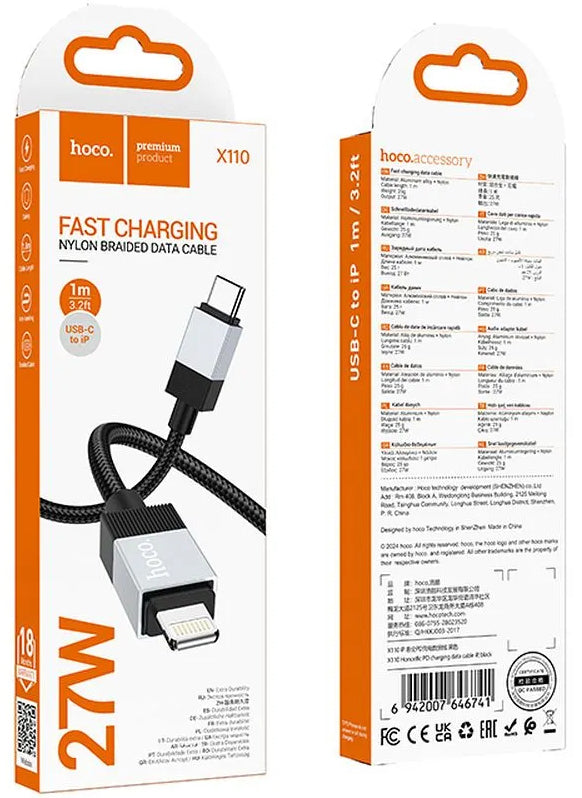 Data- en Oplaadkabel USB-C - Lightning HOCO X110, 27W, 1m, Zwart