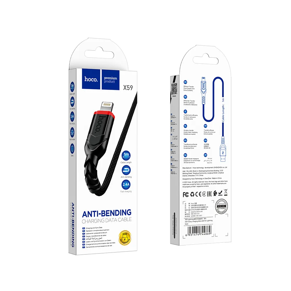 Data- en Oplaadkabel USB-A - Lightning HOCO X59 Victory, 18W, 1m, Zwart