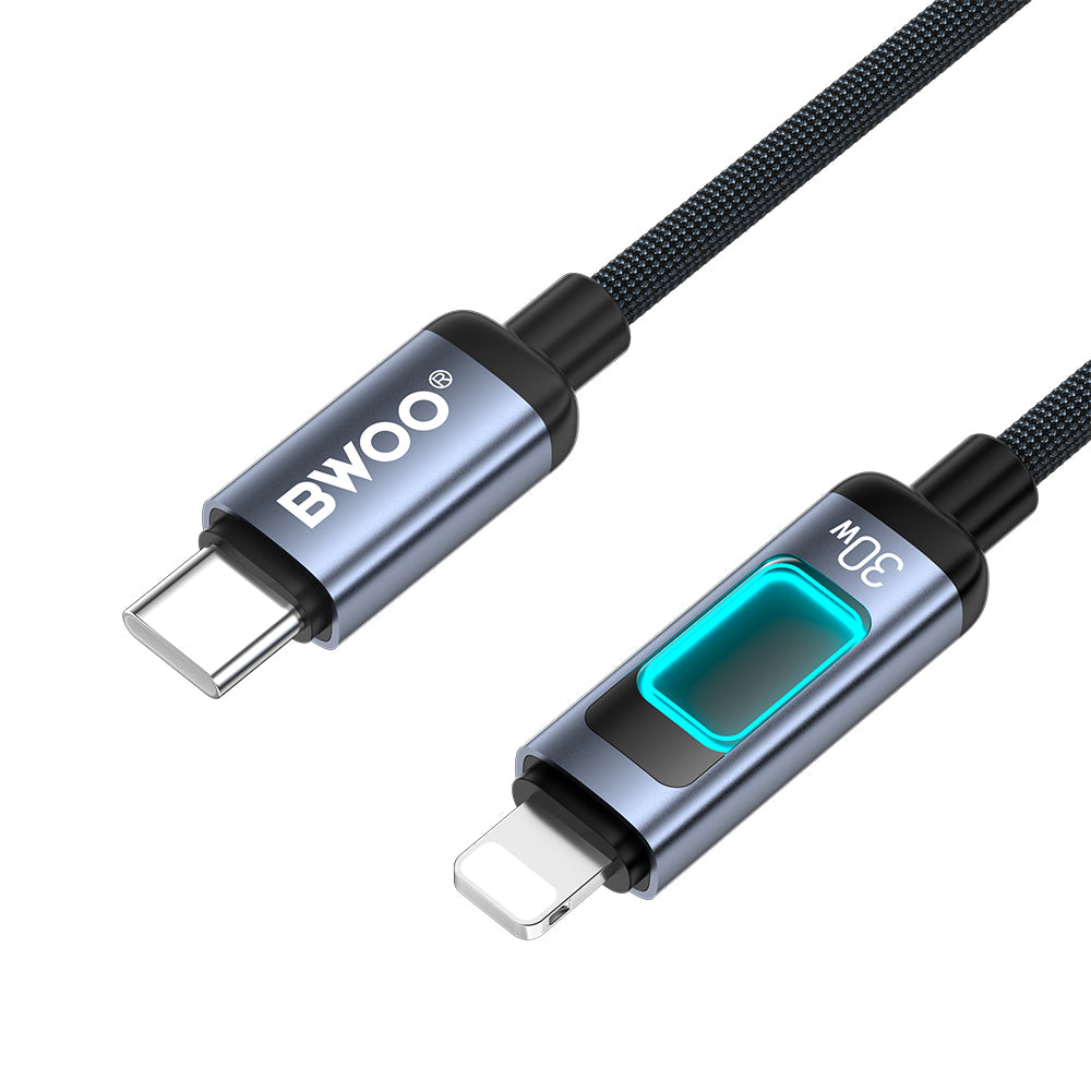 USB-C - Lightning Data- en Oplaadkabel BWOO X324CL Display, 30W, 1m, Zwart