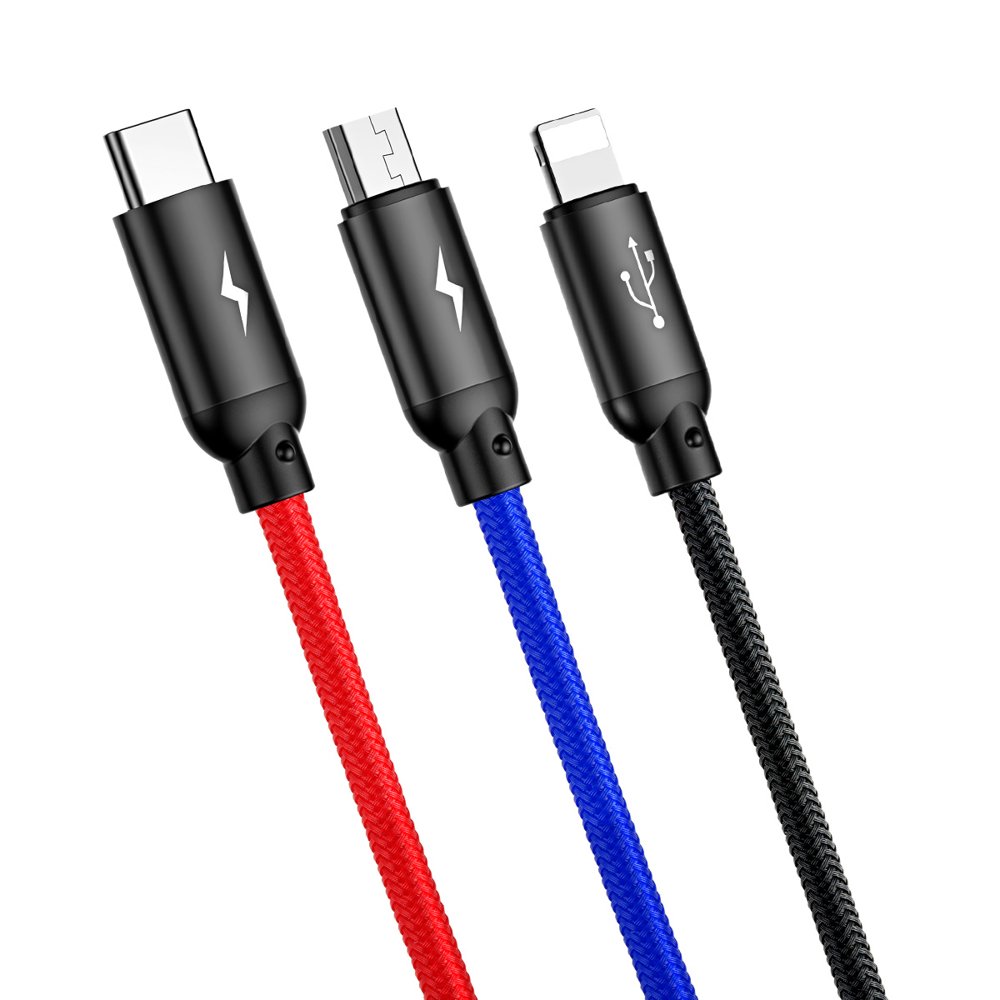 Oplaadkabel USB-A - Lightning / microUSB / USB-C Baseus Colors 3in1, 20W, 1.2m, Zwart CAMLT-BSY01