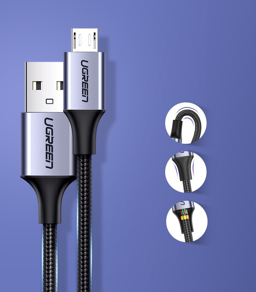 USB-A - microUSB Data en Oplaadkabel UGREEN US290, 18W, 1.5m, Zwart