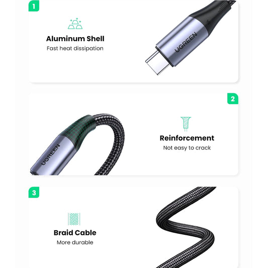 USB-C Data- en oplaadkabel - USB-C UGREEN US355, 100W, 1m, Zwart