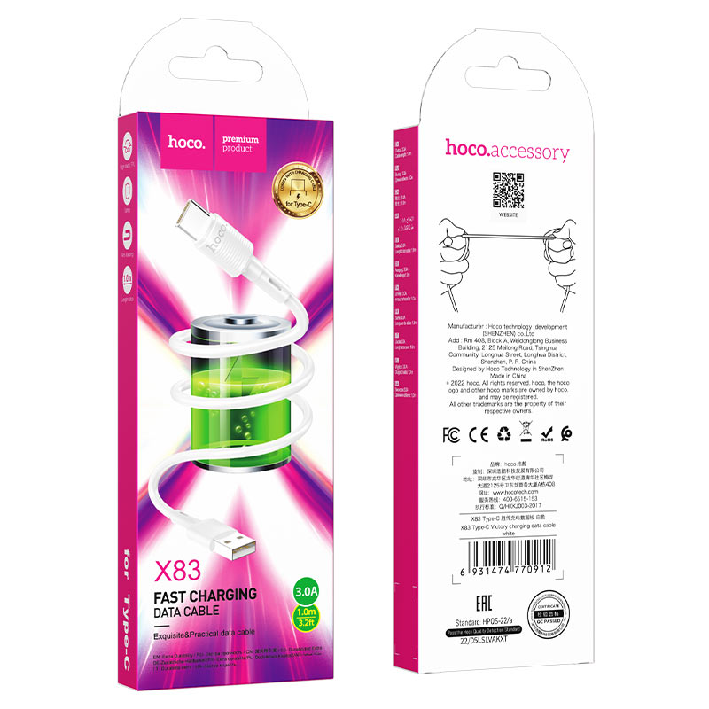 Data- en Oplaadkabel USB-A - USB-C HOCO X83 Victory, 20W, 1m, Wit