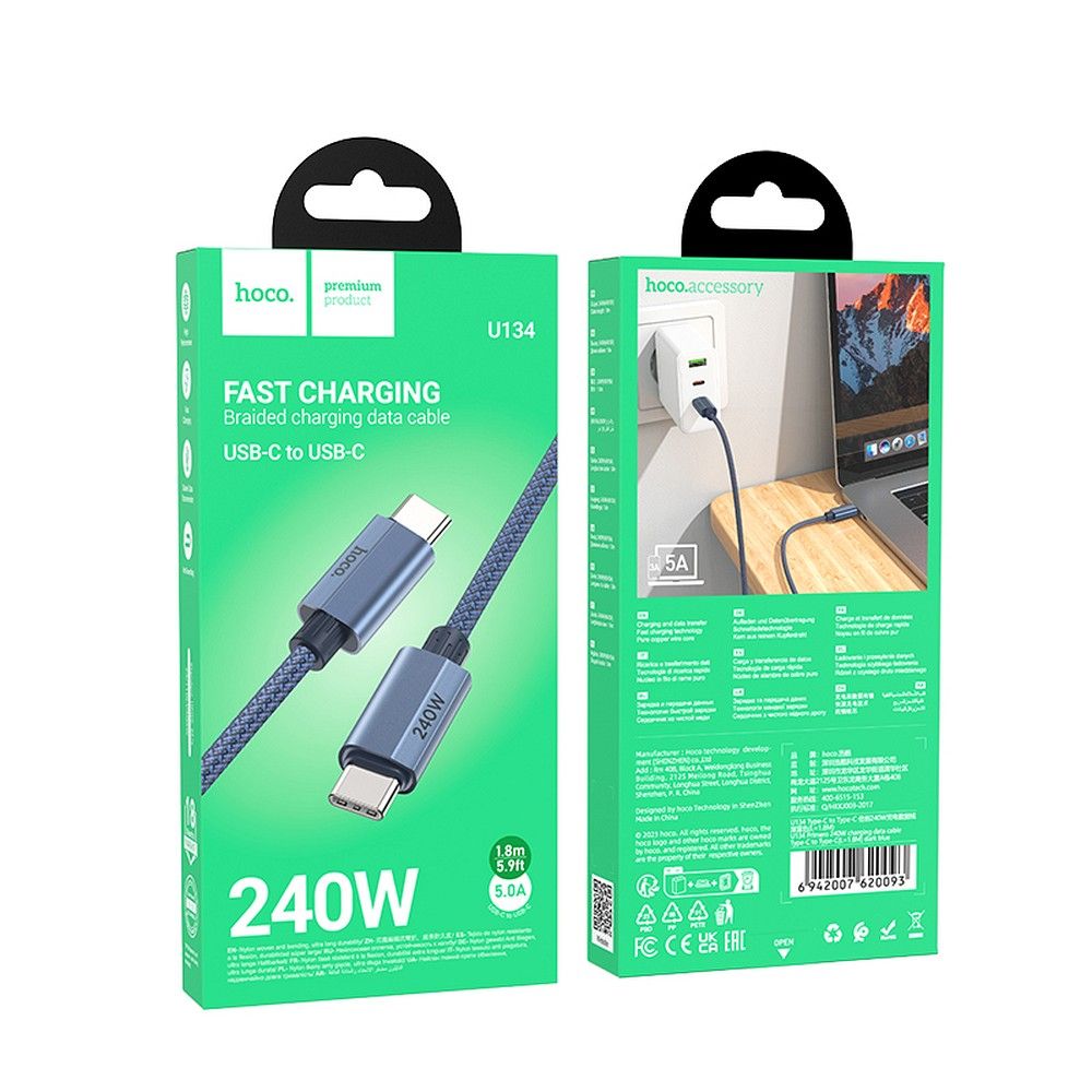 USB-C Data- en Oplaadkabel - USB-C HOCO U134, 240W, 1.8m, Gri