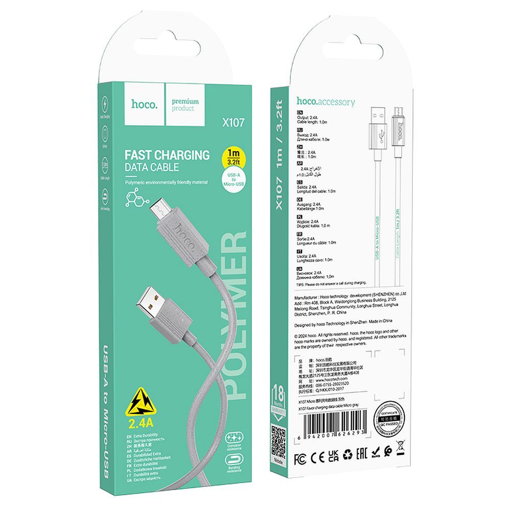 USB-A - microUSB Data- en Oplaadkabel HOCO X107, 18W, 1m, Gri
