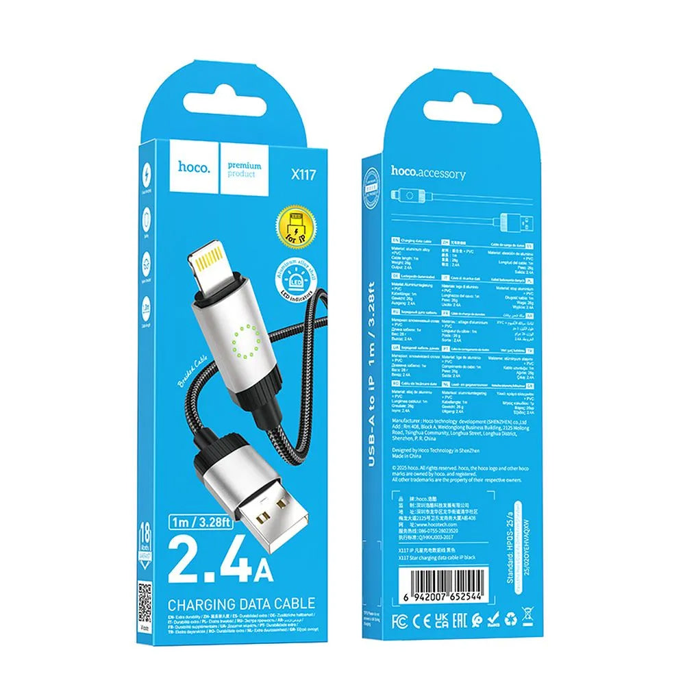 Data- en Oplaadkabel USB-A - Lightning HOCO X117, 18W, 1m, Zwart