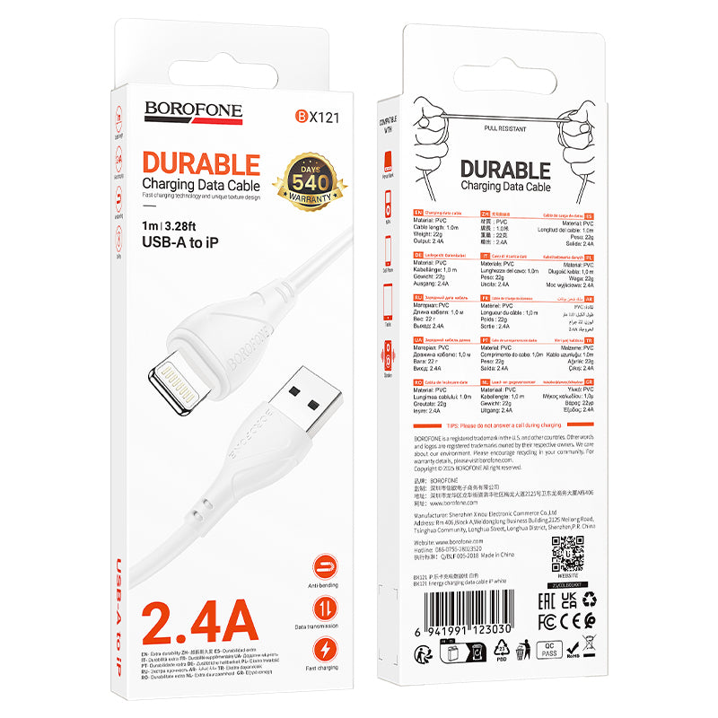 Data- en Oplaadkabel USB-A - Lightning Borofone BX121 Energy, 18W, 1m, Wit