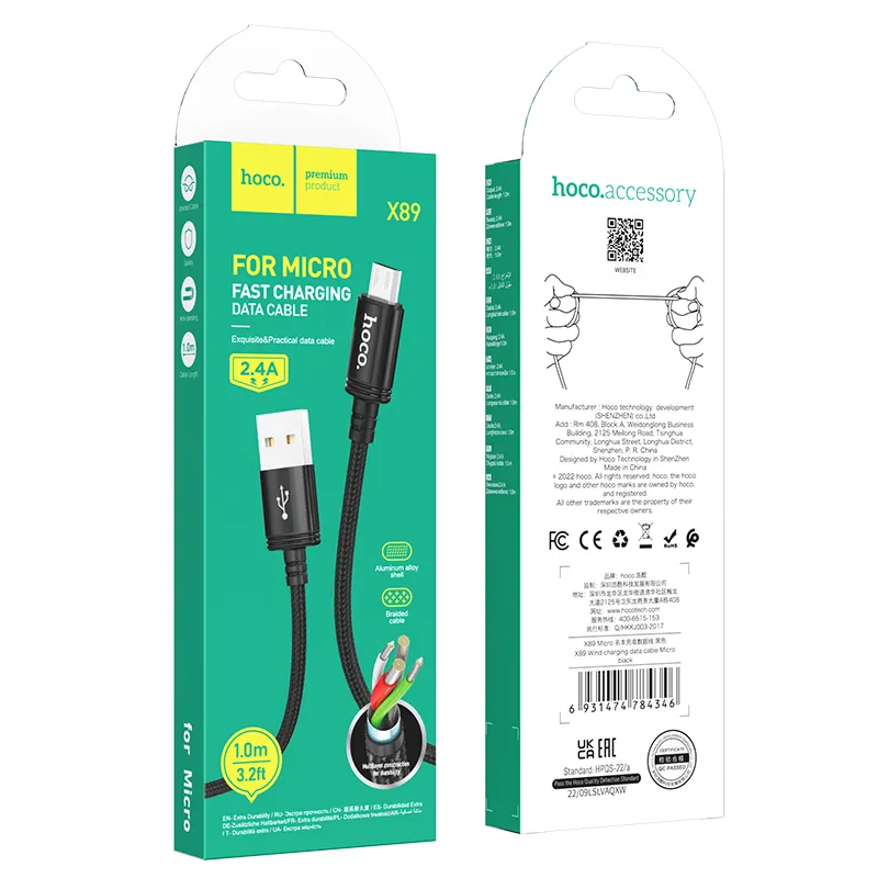 USB-A - microUSB Data- en Oplaadkabel HOCO X89, 18W, 1m, Zwart