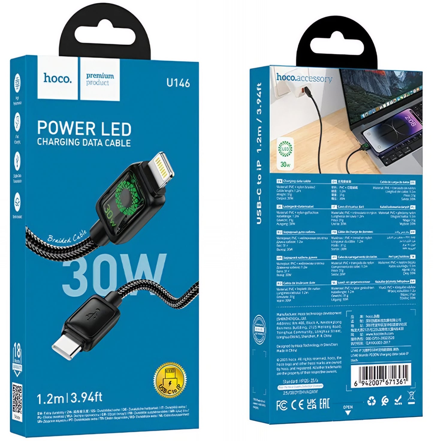 USB-C - Lightning Data en Oplaadkabel HOCO U146, 30W, 1.2m, Zwart