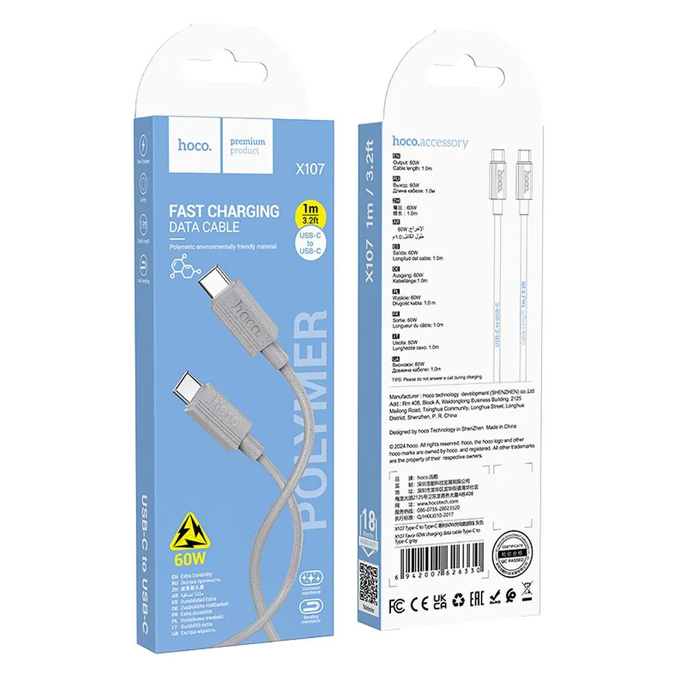 USB-C Data- en Oplaadkabel - USB-C HOCO X107, 60W, 1m, Gri