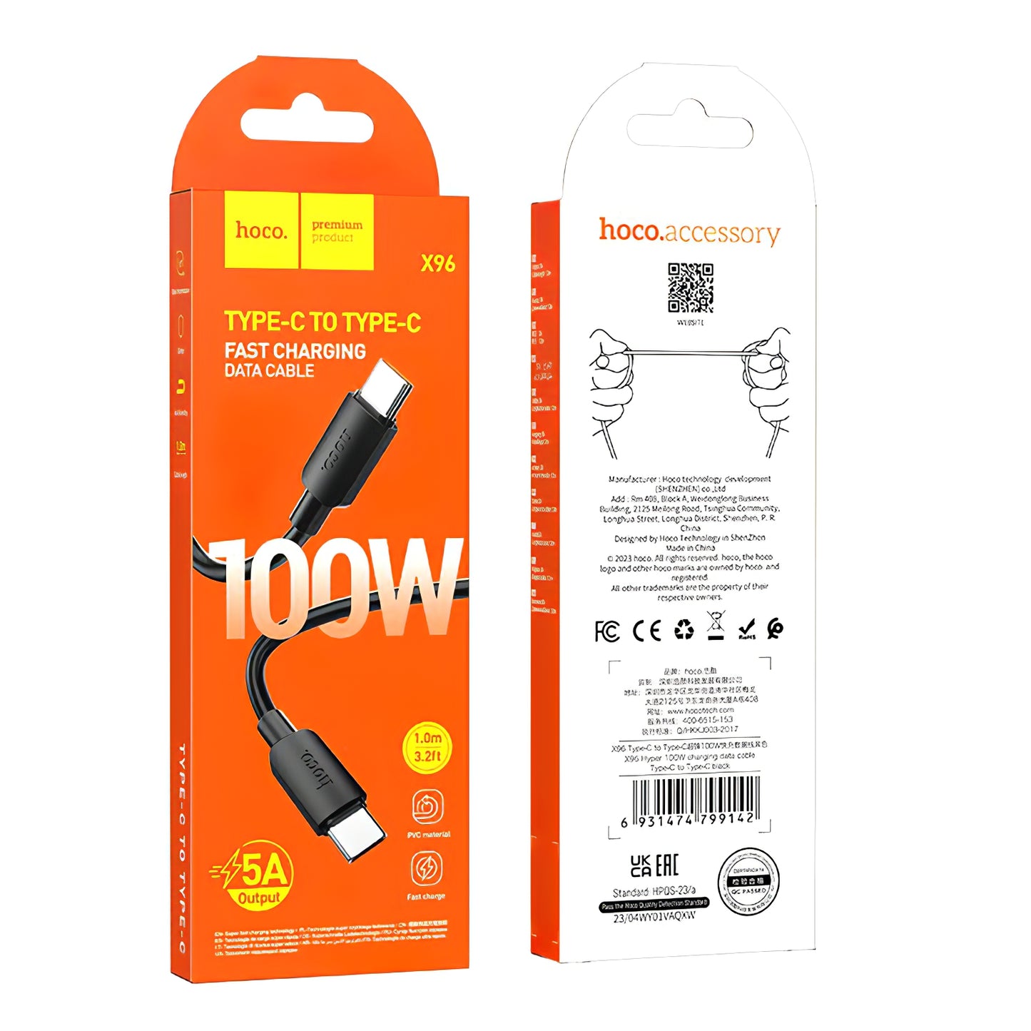 USB-C Data- en Oplaadkabel - USB-C HOCO X96, 100W, 1m, Zwart