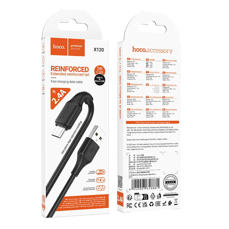Data- en Oplaadkabel USB-A - microUSB HOCO X120, 18W, 1m, Zwart