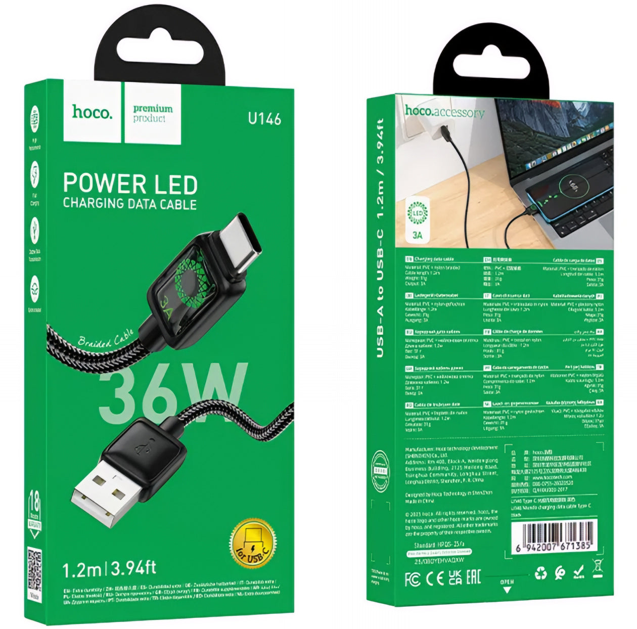 USB-A - USB-C Data- en Oplaadkabel HOCO U146, 36W, 1.2m, Zwart