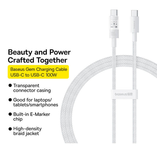 USB-C - USB-C Data- en Oplaadkabel Baseus Gem, 100W, 2m, Wit P10373000211-01