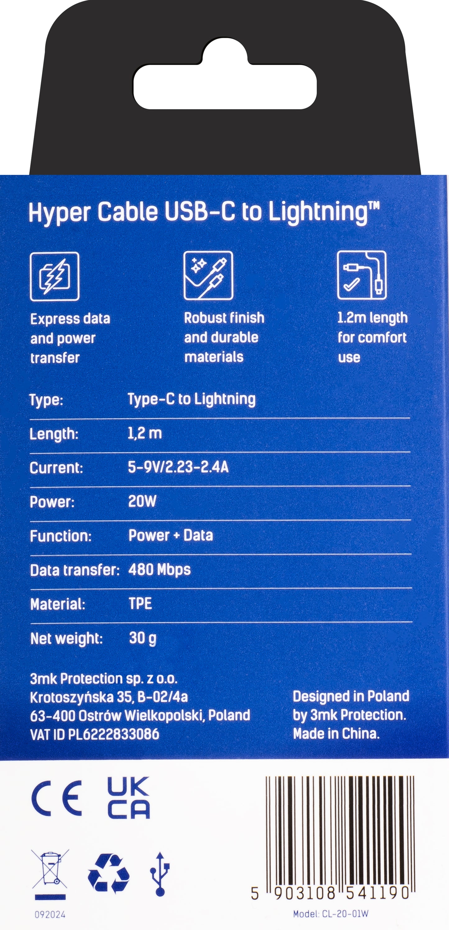 USB-C - Lightning 3MK Hyper Data- en Oplaadkabel, 20W, 1,2m, Wit