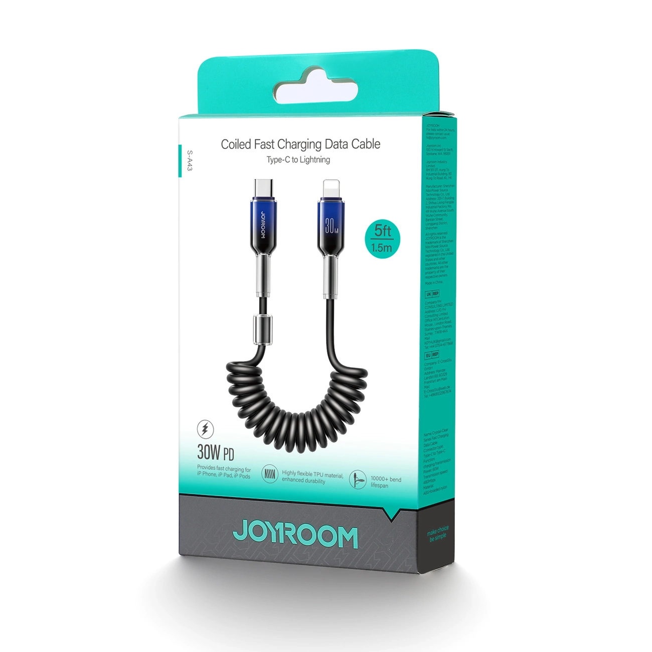 USB-C - Lightning Data- en Oplaadkabel Joyroom S-A43 Crystal, 30W, 1.5m, Zwart