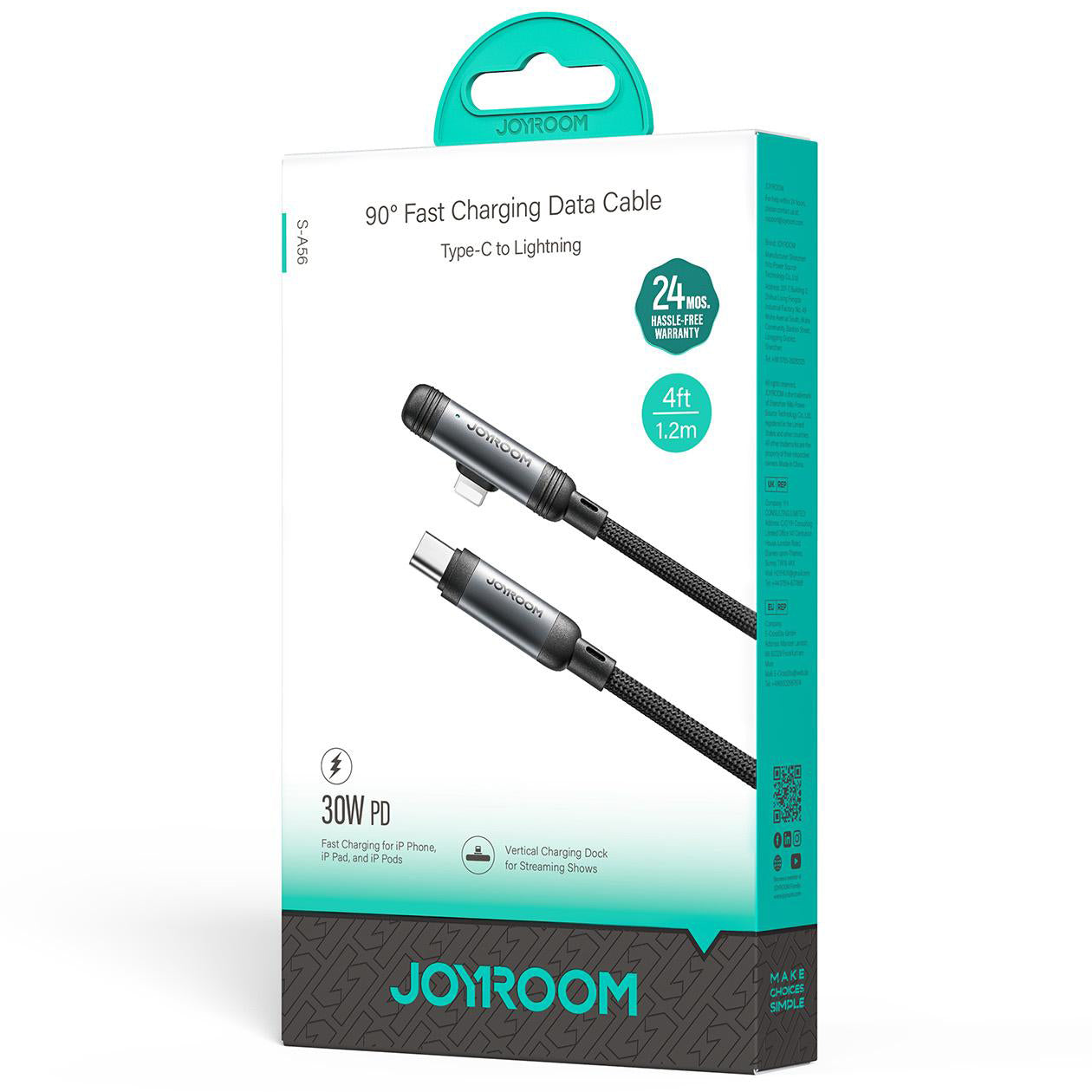 USB-C - Lightning Data- en Oplaadkabel Joyroom S-A56 EnjoyX Angled, 30W, 1.2m, Zwart