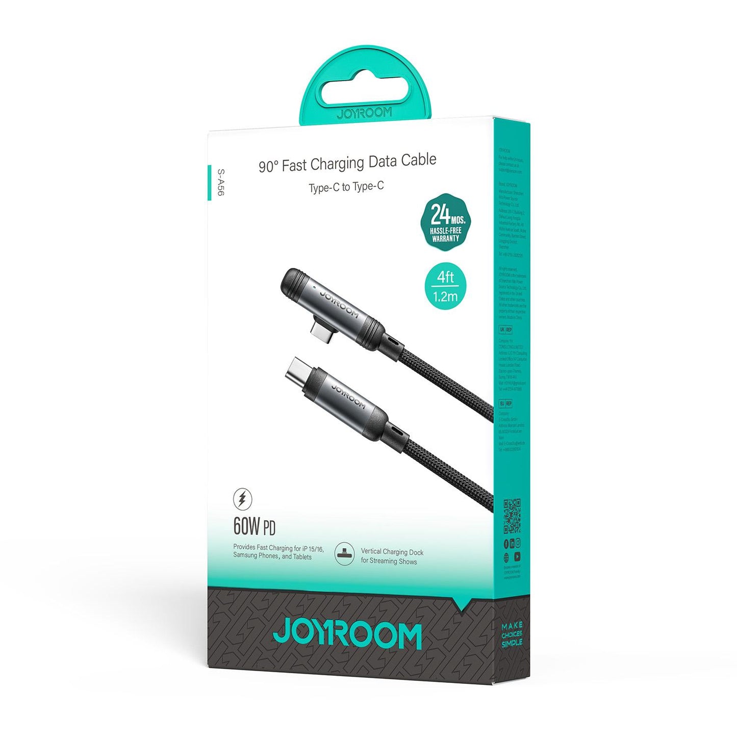 USB-C Data- en Oplaadkabel - USB-C Joyroom S-A56 EnjoyX Angled, 60W, 1.2m, Zwart