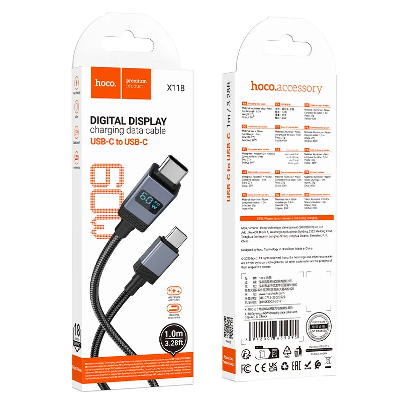 USB-C Data- en Oplaadkabel - USB-C HOCO X118 Display, 60W, 1m, Zwart