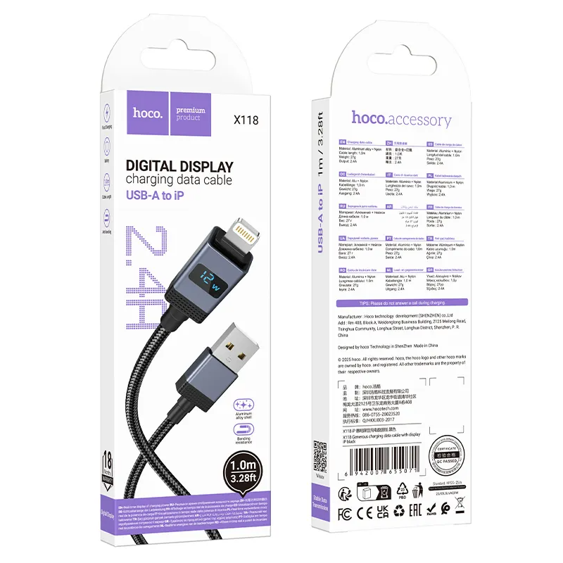 Data- en Oplaadkabel USB-A - Lightning HOCO X118 Display, 12W, 1m, Zwart
