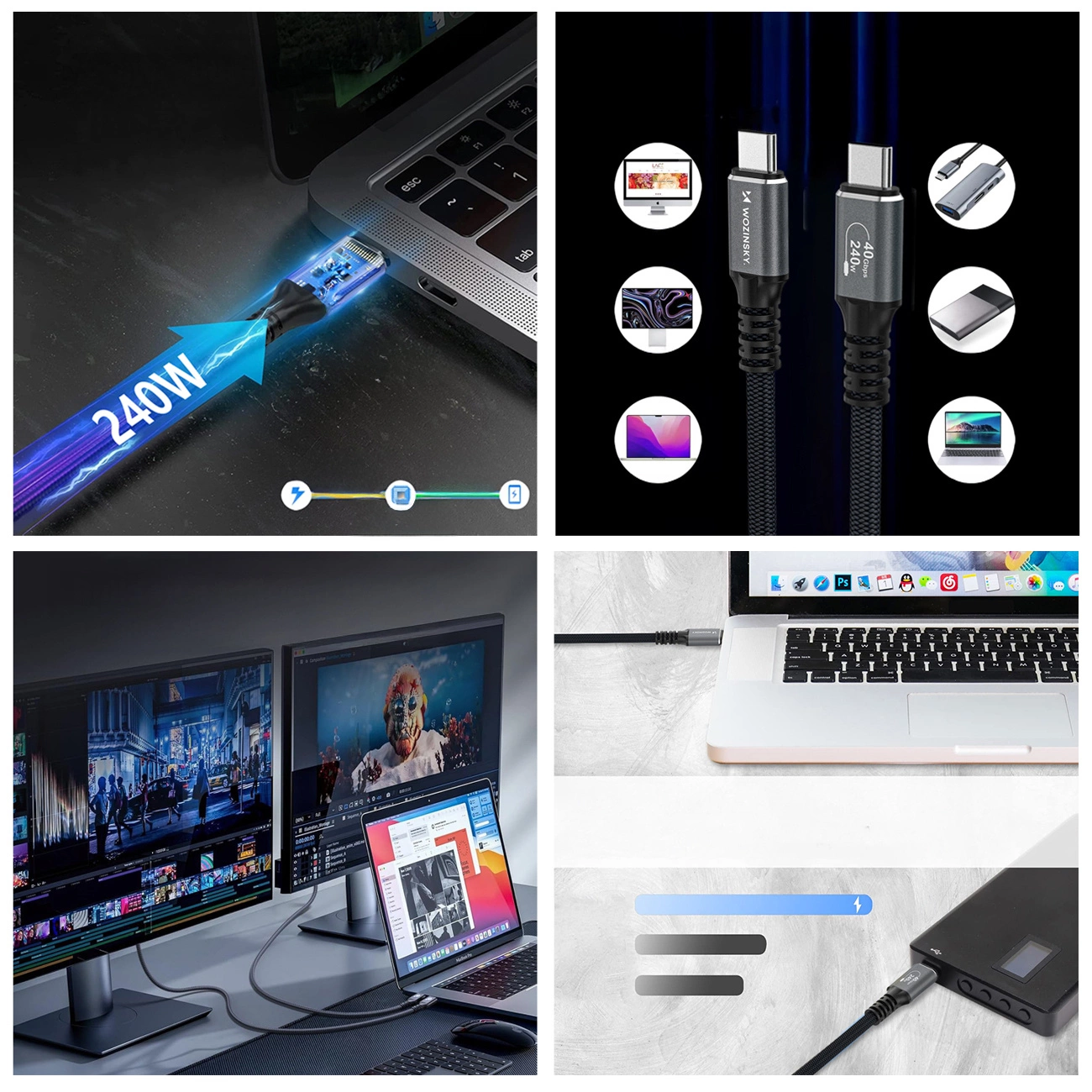 USB-C Data- en Oplaadkabel - USB-C WZK WPS-UY42S, 240W, 2m, Zwart