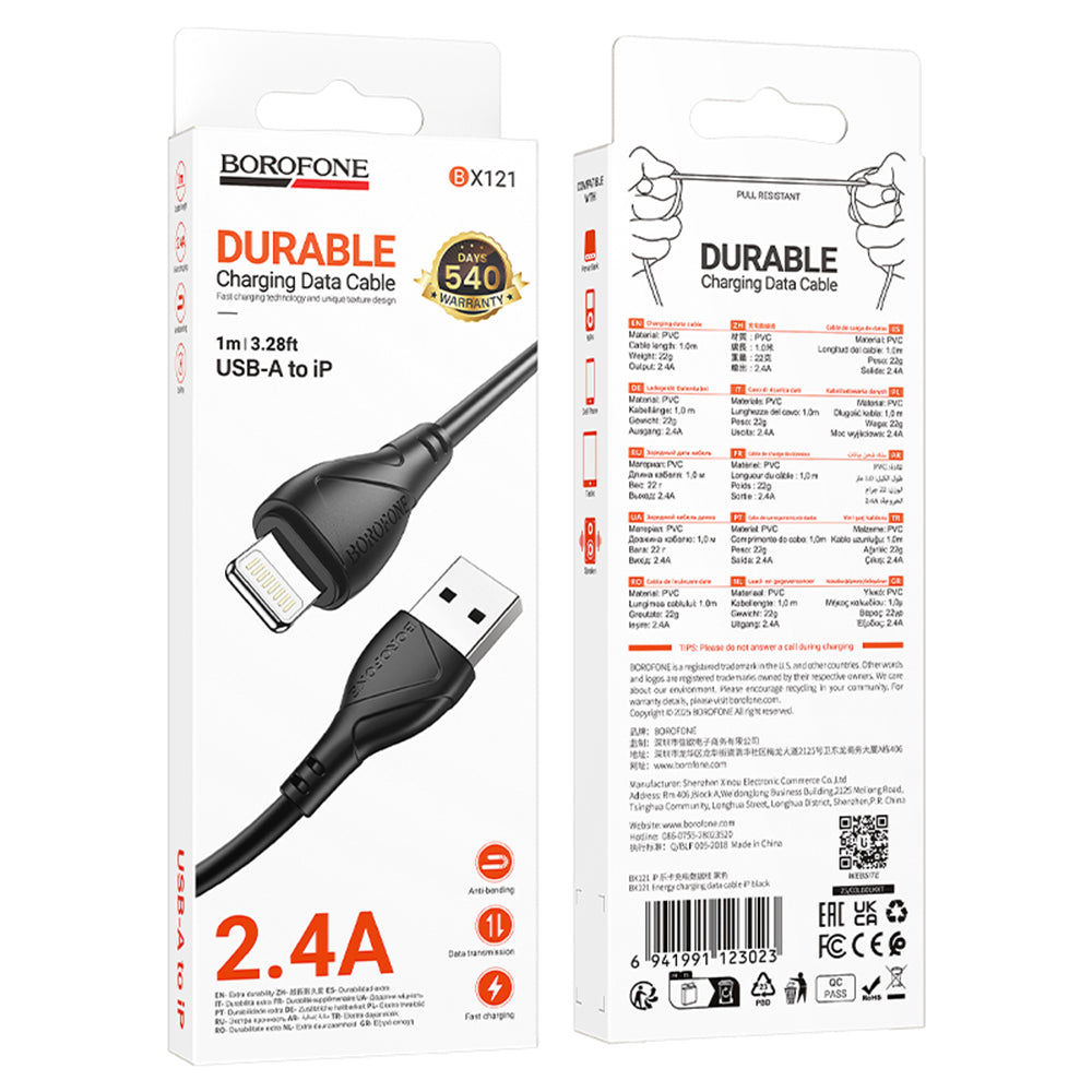 Data- en Oplaadkabel USB-A - Lightning Borofone BX121 Energy, 18W, 1m, Zwart