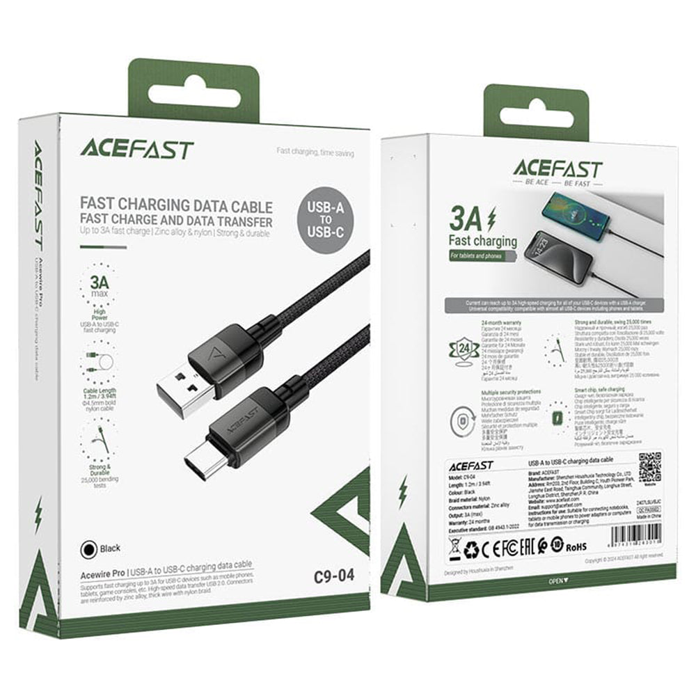 Data- en Oplaadkabel USB-A - USB-C Acefast C9-04, 18W, 1.2m, Zwart