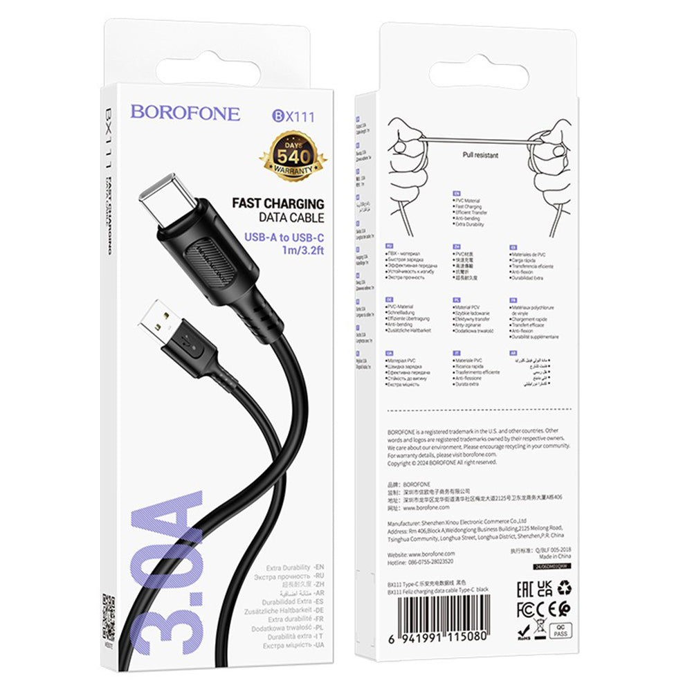 Data- en Oplaadkabel USB-A - USB-C Borofone BX111 Feliz, 20W, 1m, Zwart