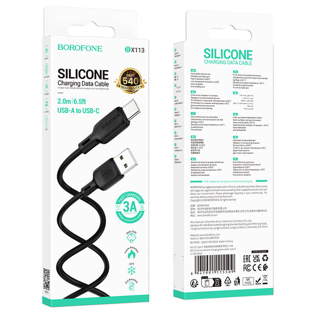 USB-A - USB-C Borofone BX113 Lenny Data- en Oplaadkabel, 18W, 2m, Zwart