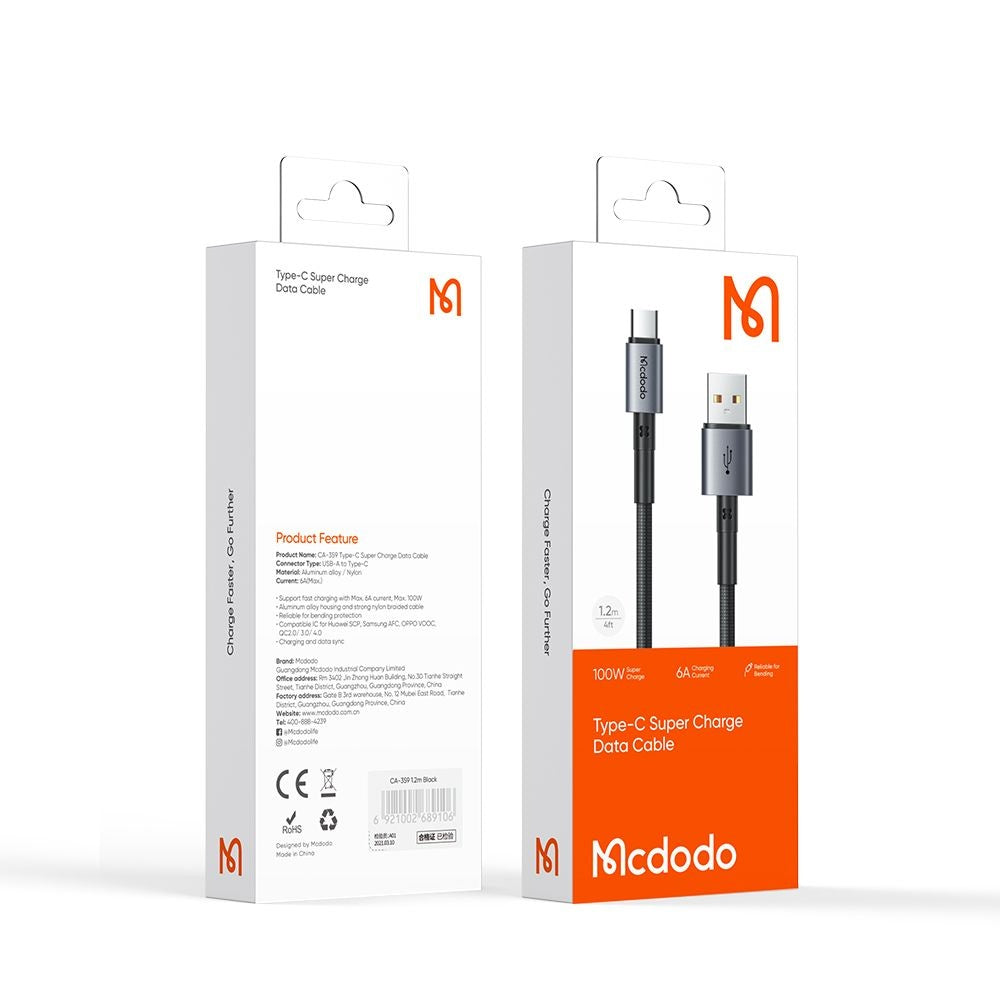 Data- en Oplaadkabel USB-A - USB-C McDodo CA-3590, 100W, 1.2m, Zwart