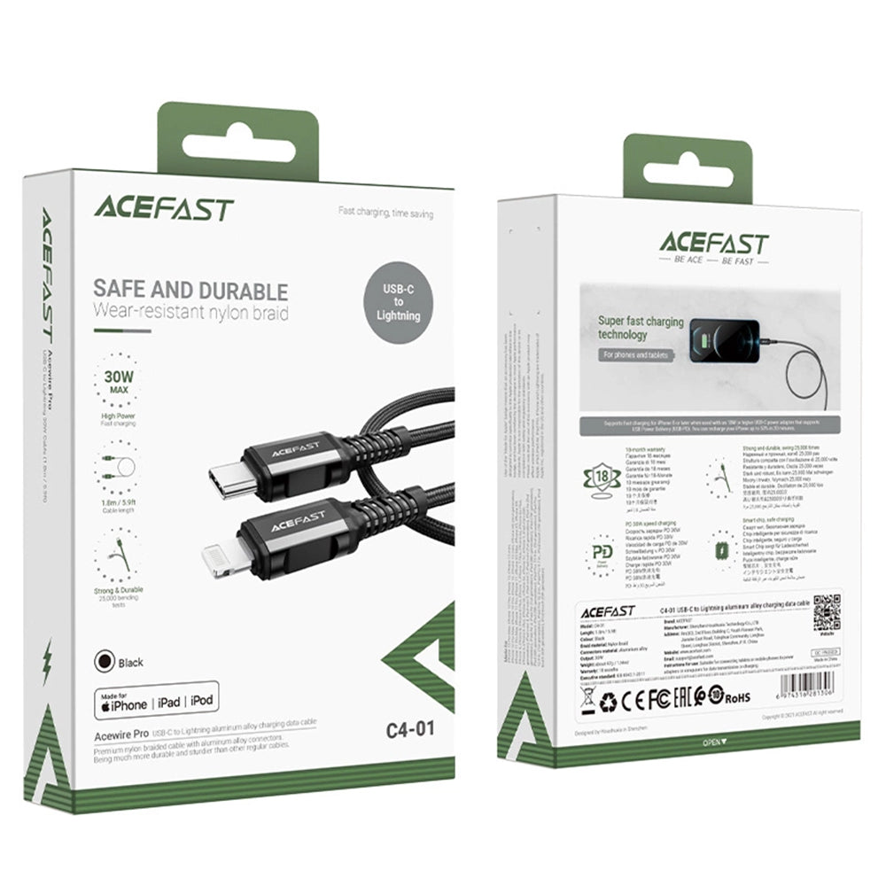 Data- en Oplaadkabel USB-C - Lightning Acefast C4-01, 30W, 1.8m, Zwart