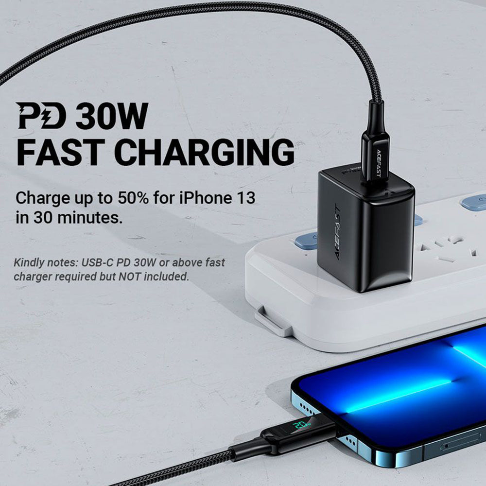 USB-C - Lightning Acefast C6-01 Display Data- en Oplaadkabel, 20W, 1.2m, Zwart