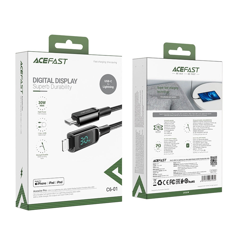 USB-C - Lightning Acefast C6-01 Display Data- en Oplaadkabel, 20W, 1.2m, Zwart