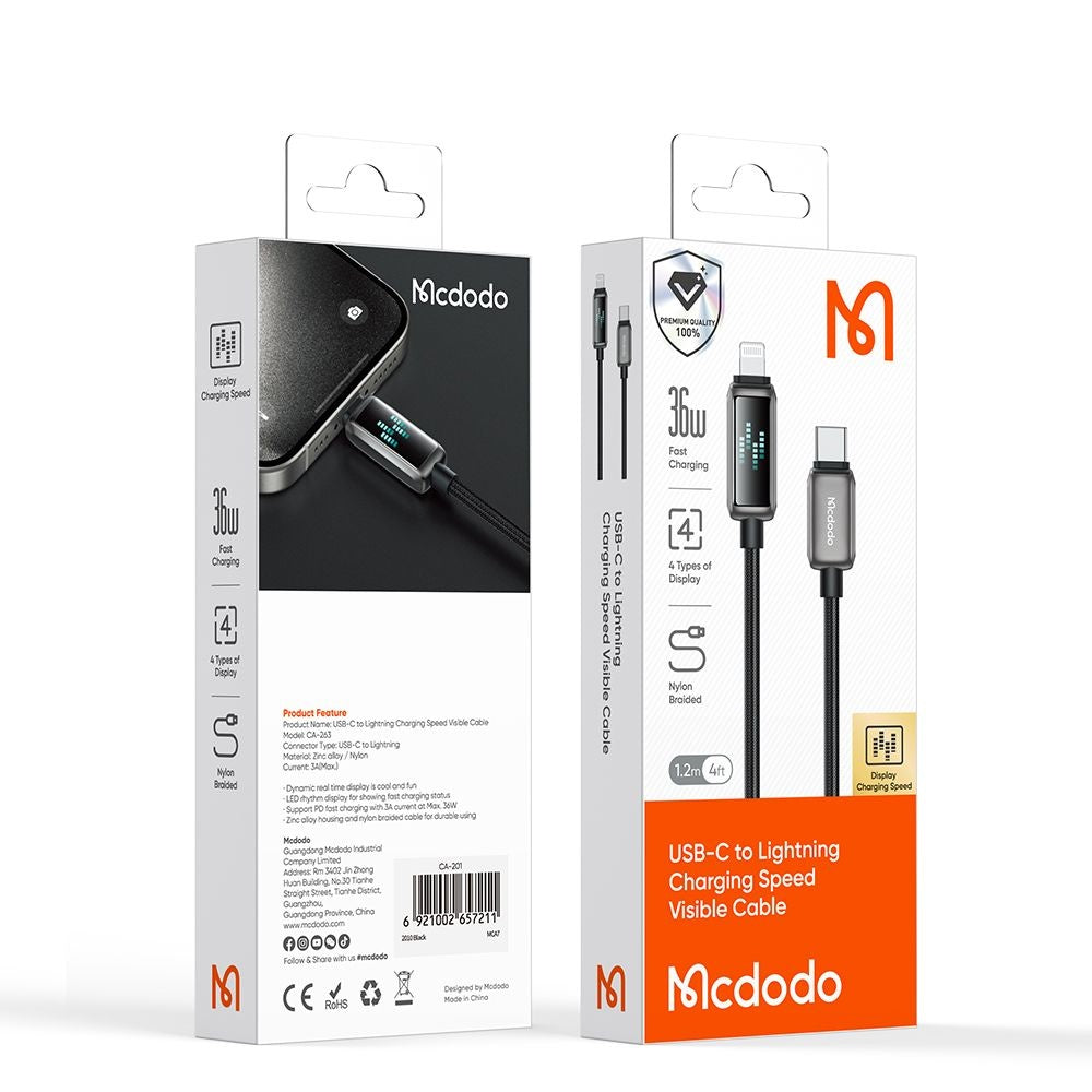Data- en Oplaadkabel USB-C - Lightning McDodo CA-2630 Display, 36W, 1.2m, Zwart