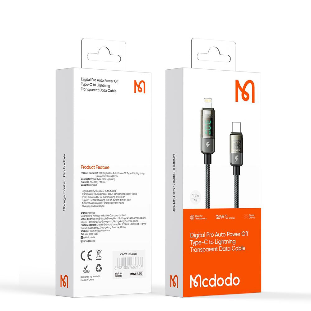 USB-C - Lightning McDodo CA-3600 Data- en Oplaadkabel met Auto Power Off Display, 36W, 1.2m, Zwart