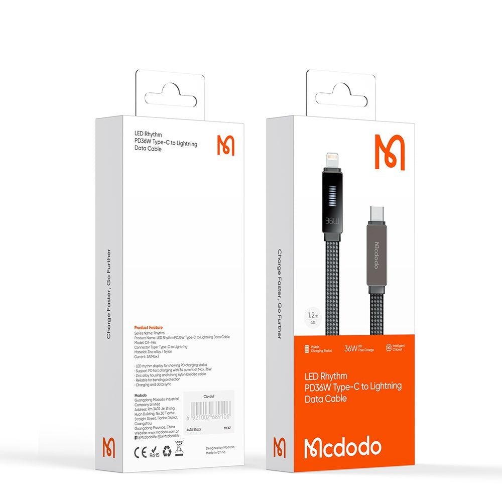 Data- en Oplaadkabel USB-C - Lightning McDodo CA-4960 Rythm Display, 36W, 1.2m, Zwart