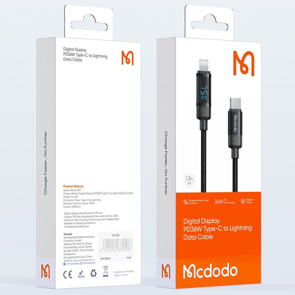 Data- en Oplaadkabel USB-C - Lightning McDodo CA-5210 Bat Display, 36W, 1.2m, Zwart