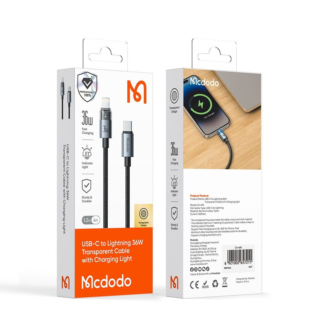 Data- en Oplaadkabel USB-C - Lightning McDodo CA-6940, 36W, 1.2m, Zwart