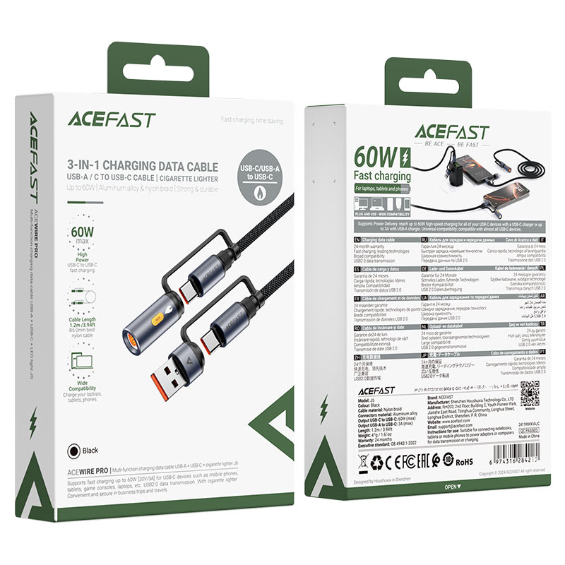 Data- en Oplaadkabel USB-C / USB-A - USB-C / Elektrische Aansteker Acefast J6, 60W, 1.2m, Zwart