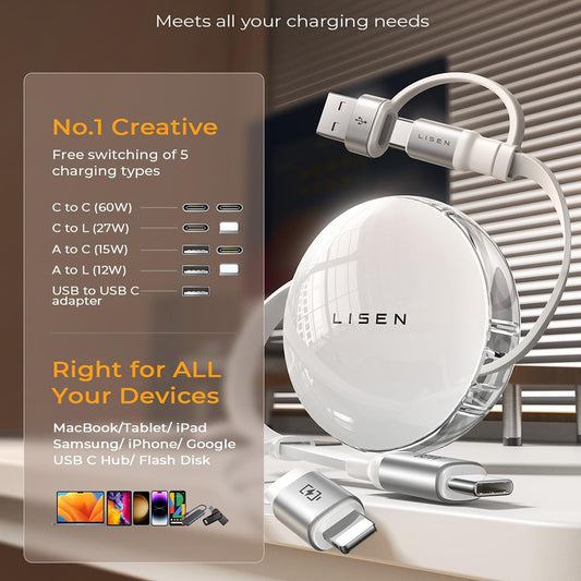 USB-C / USB-A Data- en Oplaadkabel - USB-C / Lightning Lisen, 60W, 1m, Wit YL0123030001
