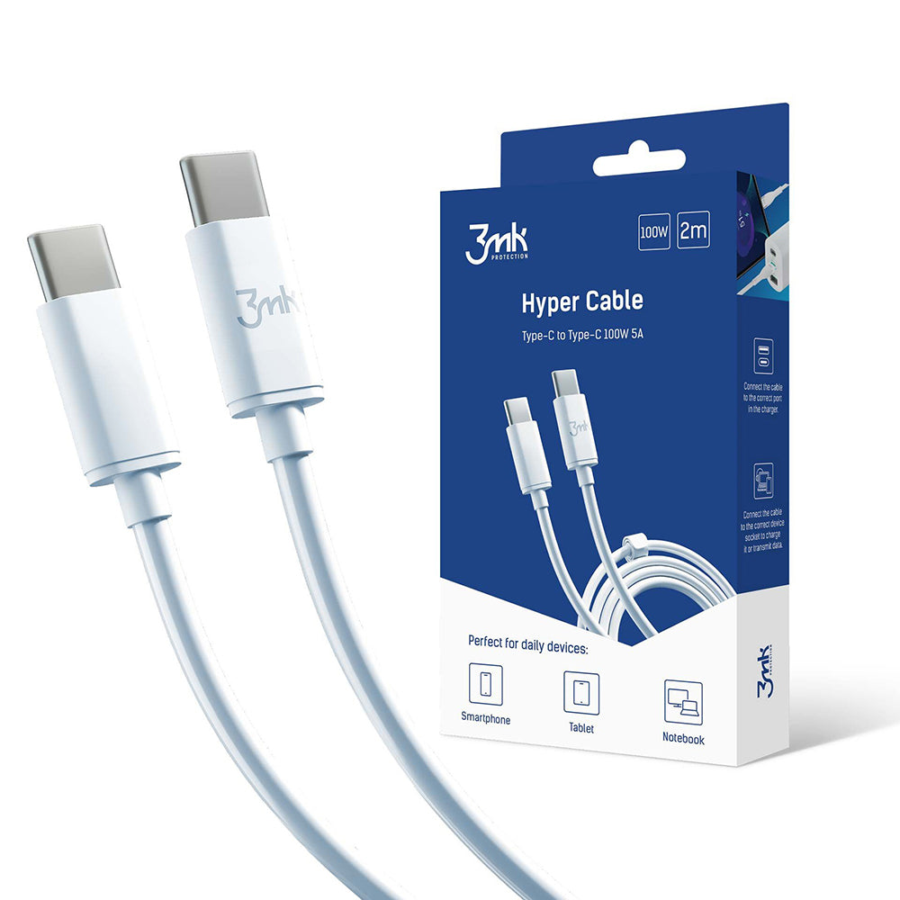 USB-C Data- en Oplaadkabel - USB-C 3MK Hyper, 100W, 2m, Wit
