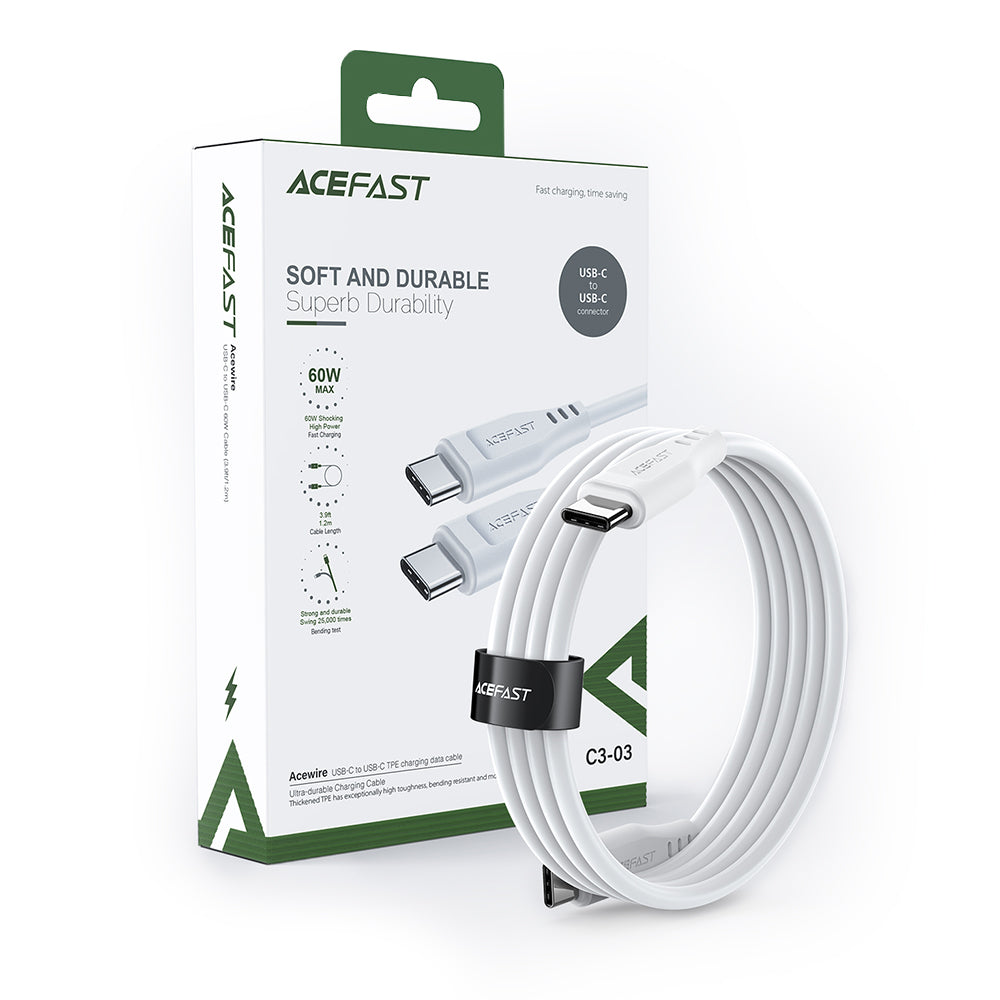 USB-C Data- en Oplaadkabel - USB-C Acefast C3-03, 60W, 1.2m, Wit