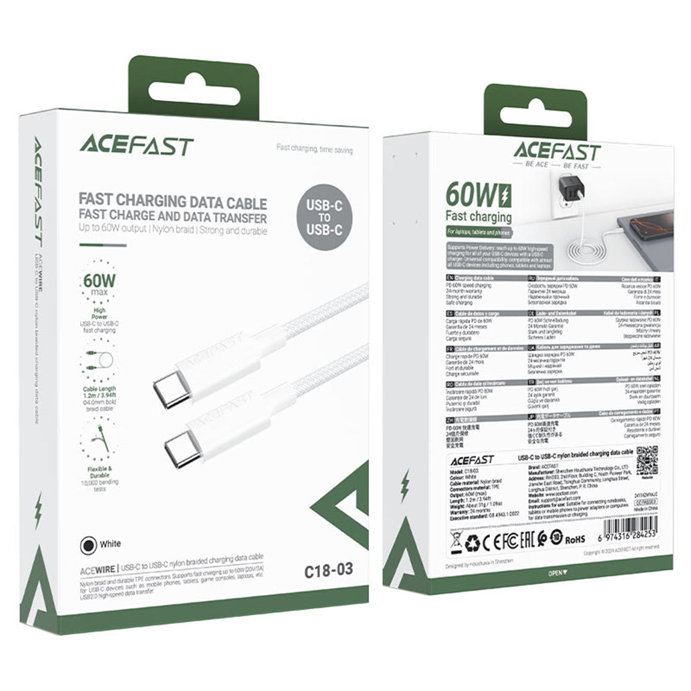 USB-C Data- en Oplaadkabel - USB-C Acefast C18-03, 60W, 1.2m, Wit