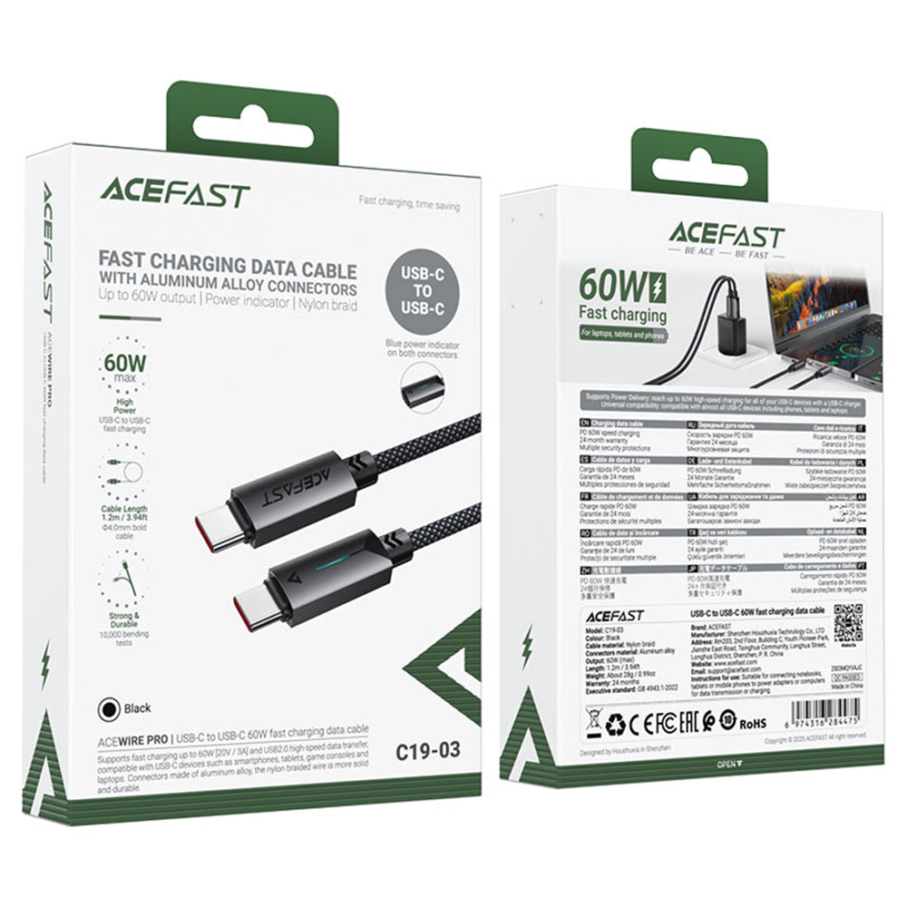 USB-C Data- en Oplaadkabel - USB-C Acefast C19-03, 60W, 1.2m, Zwart