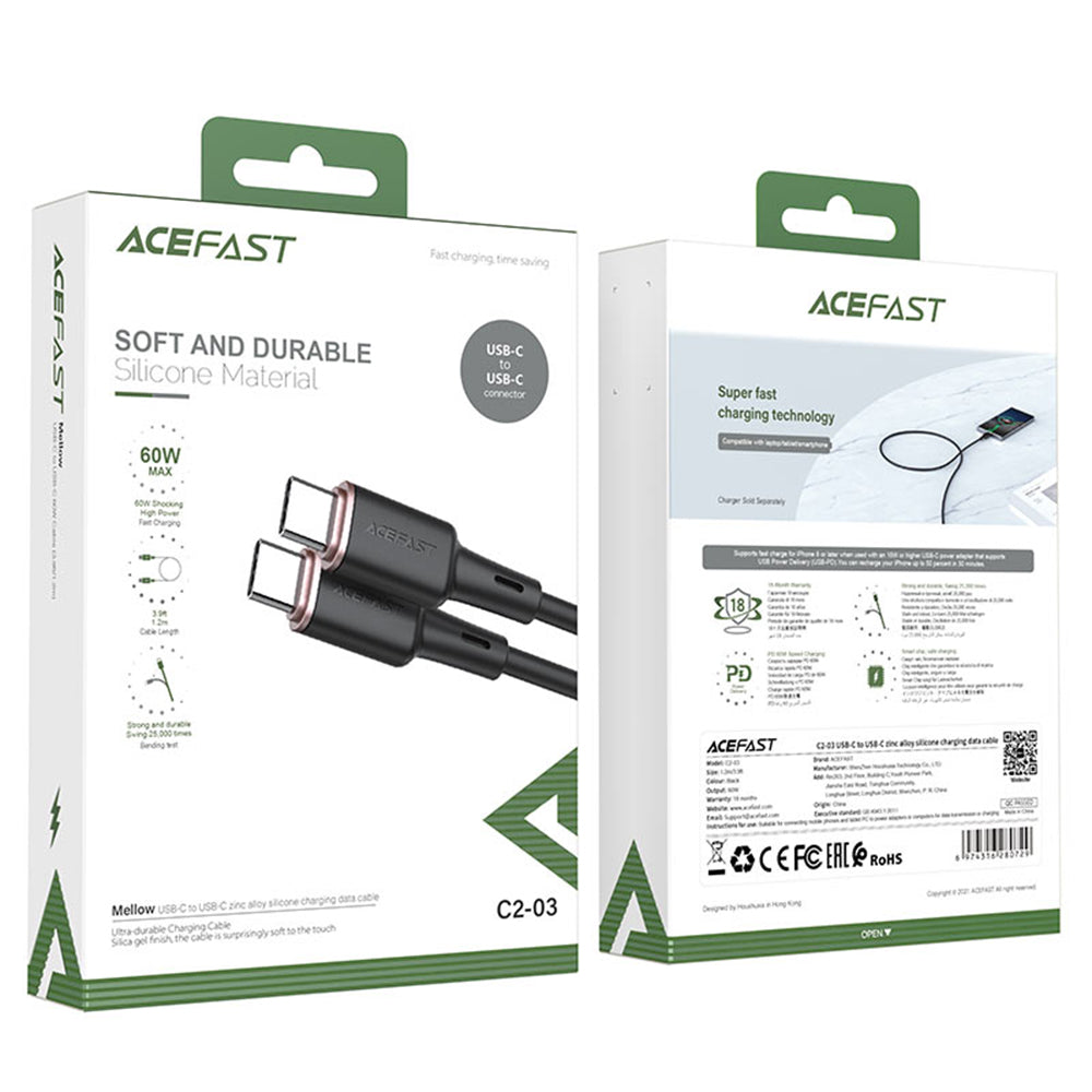 USB-C Data en Oplaadkabel - USB-C Acefast C2-03, 60W, 1.2m, Zwart