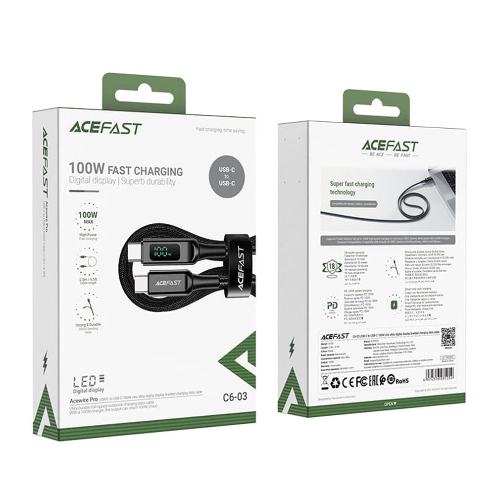 USB-C Data- en Oplaadkabel - USB-C Acefast C6-03 Display, 100W, 2m, Zwart