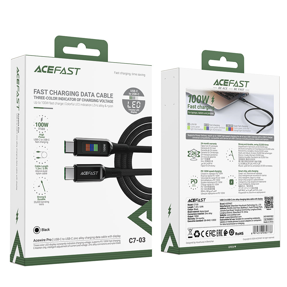 USB-C Data- en Oplaadkabel - USB-C Acefast C7-03, 100W, 1.2m, Zwart