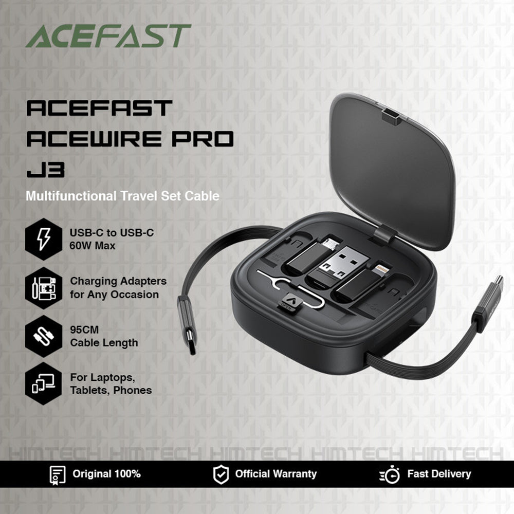 USB-C - USB-C Acefast Travel J3 Data- en Oplaadkabel, 60W, 0.95m, Zwart