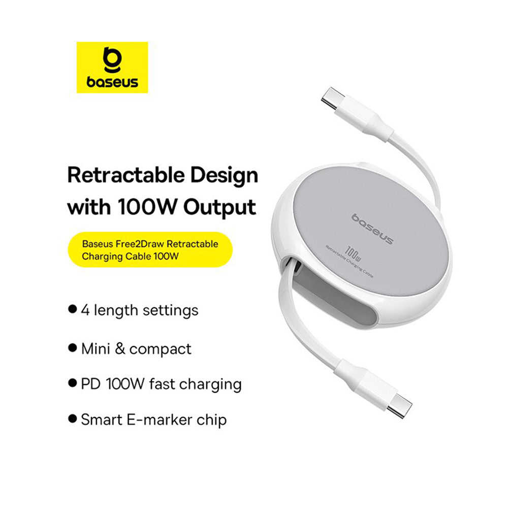 USB-C Data- en Oplaadkabel - USB-C Baseus Pathfinder Intrekbaar, 100W, 1m, Wit P10368400211-00